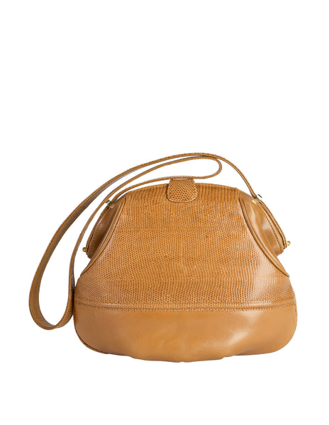Gucci Vintage Tan Lizard Gathered Leather Rounded Hinged Shoulder Bag
