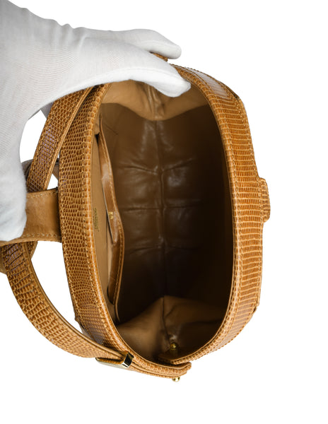 Gucci Vintage Tan Lizard Gathered Leather Rounded Hinged Shoulder Bag