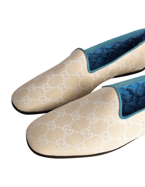 Gucci Vintage Creamy Beige GG Logo Monogram Canvas Fabric Turquoise Trim Slipper Loafers size 7.5