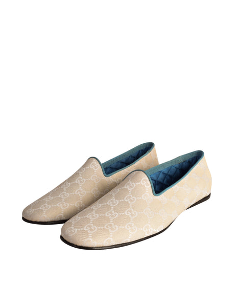 Gucci Vintage Creamy Beige GG Logo Monogram Canvas Fabric Turquoise Trim Slipper Loafers size 9.5