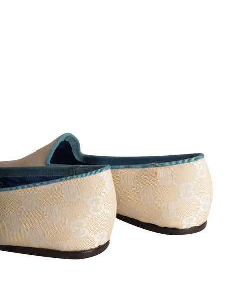 Gucci Vintage Creamy Beige GG Logo Monogram Canvas Fabric Turquoise Trim Slipper Loafers size 9.5