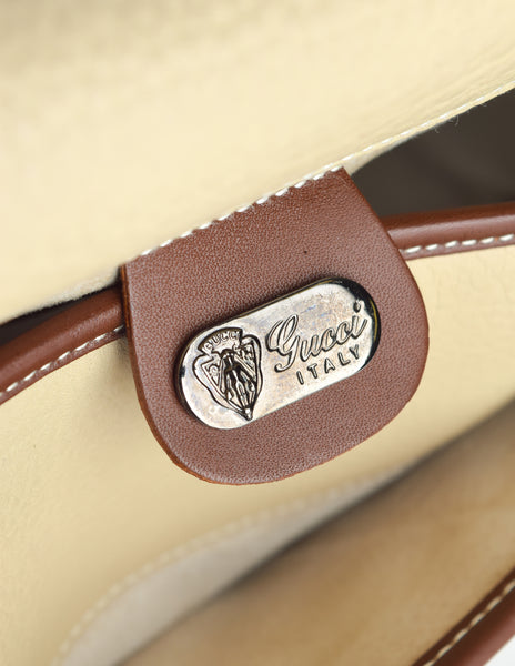 Gucci Vintage Beige and Brown Leather Logo Front Crossbody Shoulder Bag