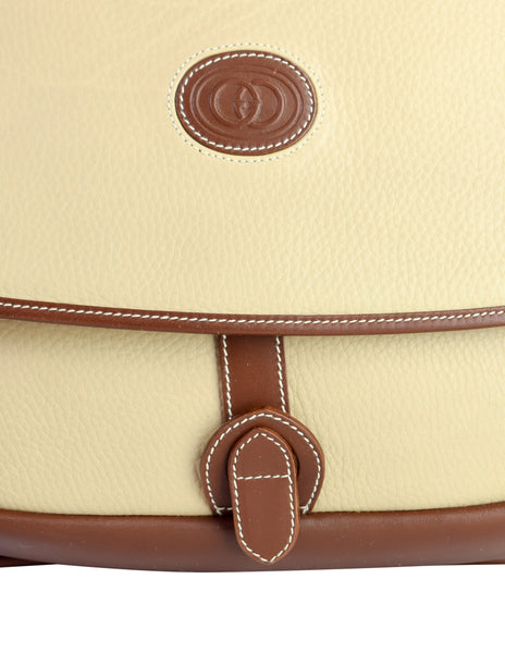 Gucci Vintage Beige and Brown Leather Logo Front Crossbody Shoulder Bag