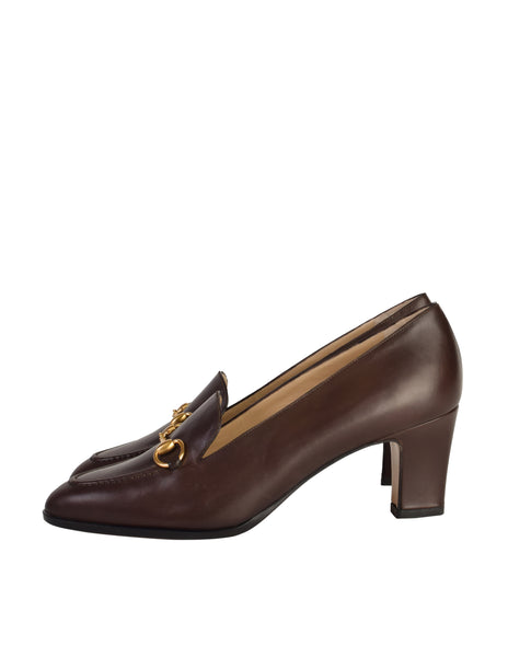 Gucci Vintage Dark Brown Leather Horsebit Loafer Heels