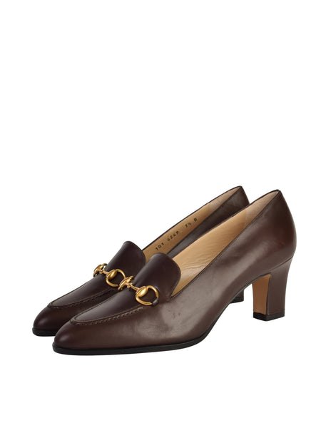 Gucci Vintage Dark Brown Leather Horsebit Loafer Heels