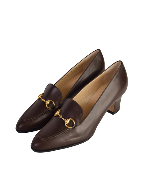 Gucci Vintage Dark Brown Leather Horsebit Loafer Heels