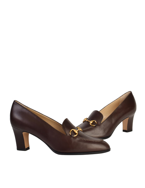 Gucci Vintage Dark Brown Leather Horsebit Loafer Heels