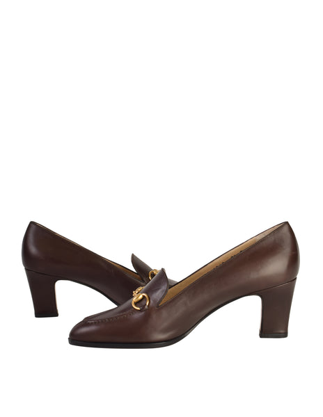 Gucci Vintage Dark Brown Leather Horsebit Loafer Heels