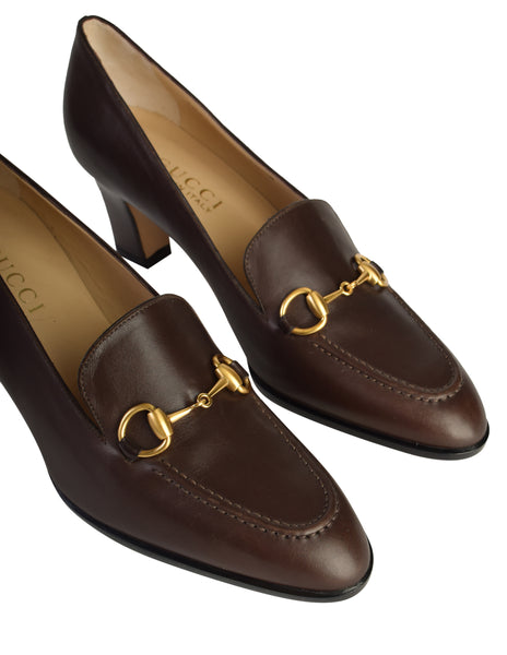 Gucci Vintage Dark Brown Leather Horsebit Loafer Heels