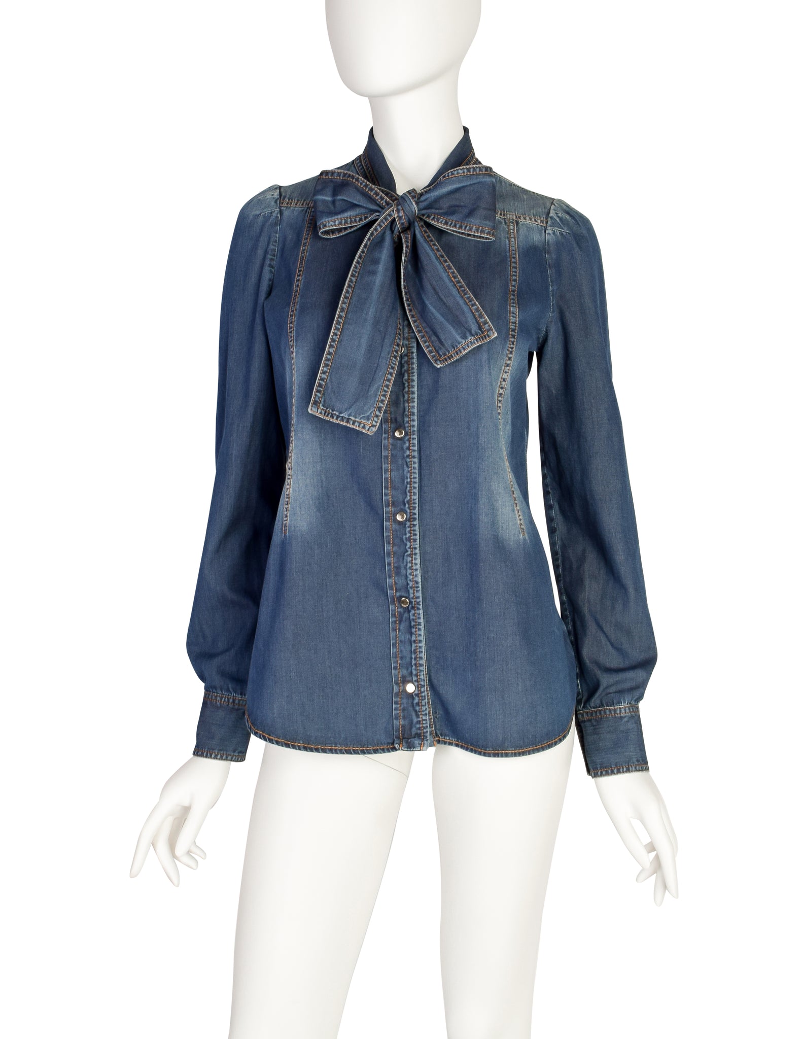 Gucci Vintage Blue Denim-Look Snap Button Chambray Lavaliere Bow Shirt