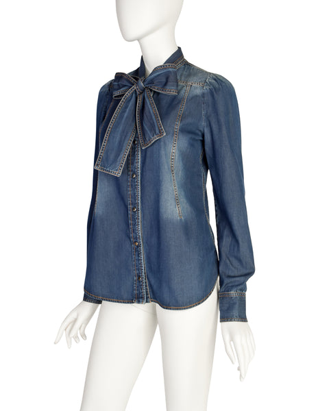 Gucci Vintage Blue Denim-Look Snap Button Chambray Lavaliere Bow Shirt