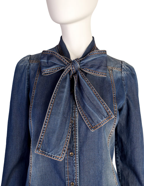 Gucci Vintage Blue Denim-Look Snap Button Chambray Lavaliere Bow