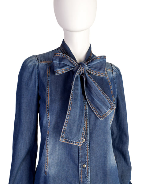 Gucci Vintage Blue Denim-Look Snap Button Chambray Lavaliere Bow Shirt