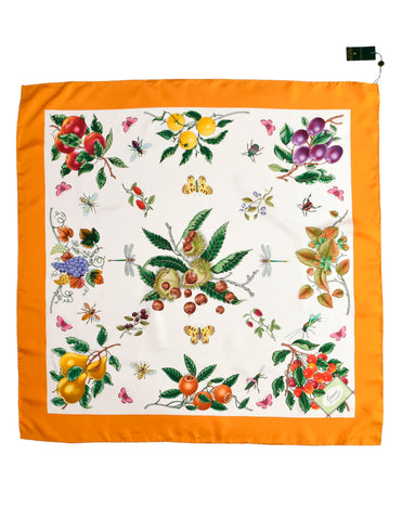 Gucci Vintage V. Accornero Multicolor Fruit Nut Bug Golden Border Silk Scarf