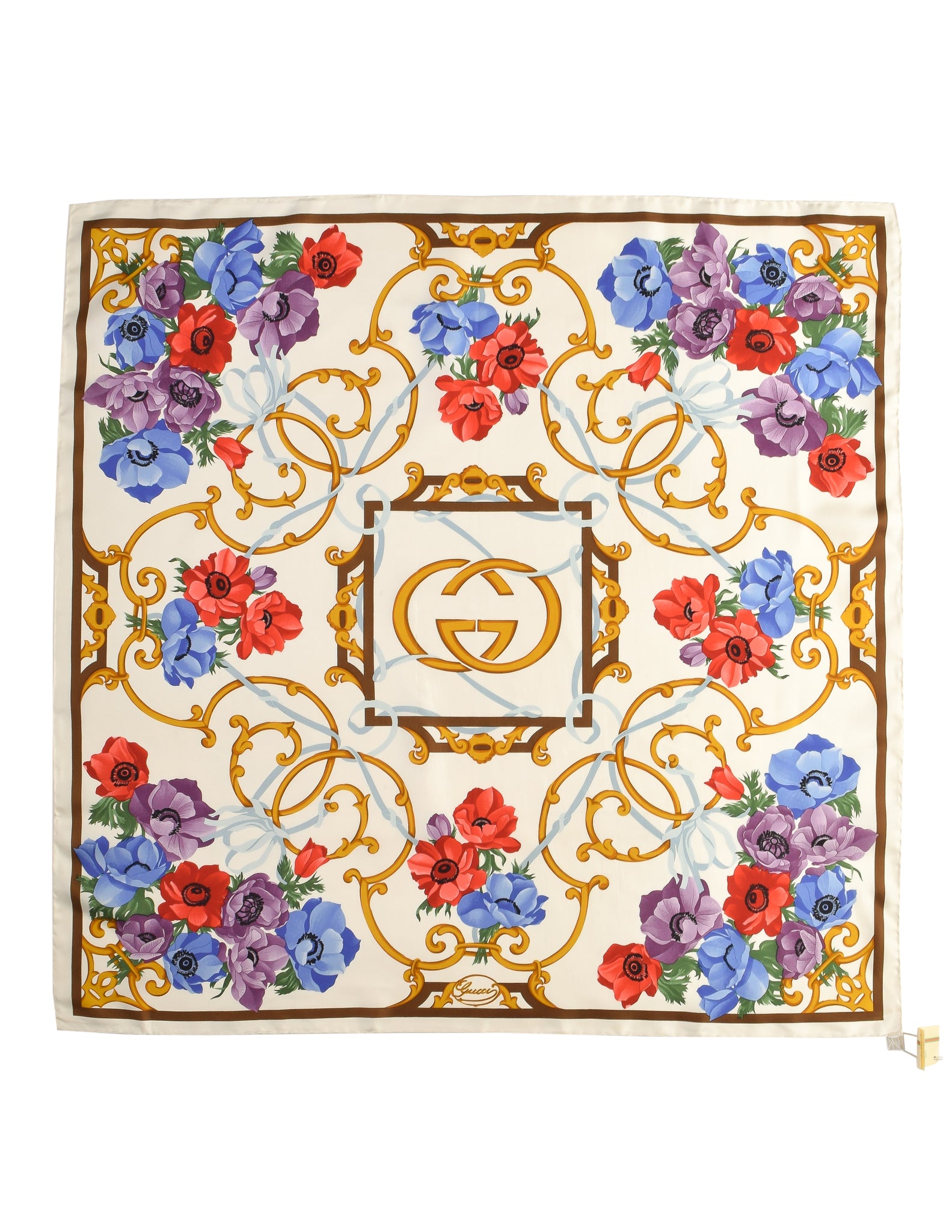 Gucci Vintage White GG Logo Multicolor Poppy Floral Silk Scarf