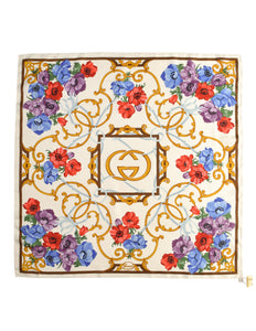 Gucci Vintage White GG Logo Multicolor Poppy Floral Silk Scarf