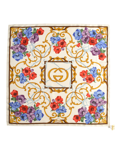 Gucci Vintage White GG Logo Multicolor Poppy Floral Silk Scarf