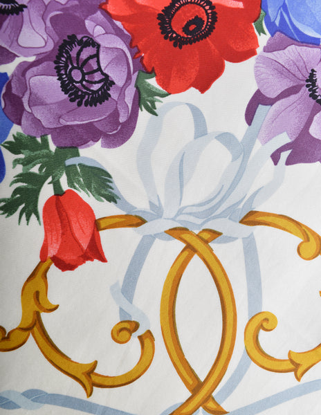 Gucci Vintage White GG Logo Multicolor Poppy Floral Silk Scarf