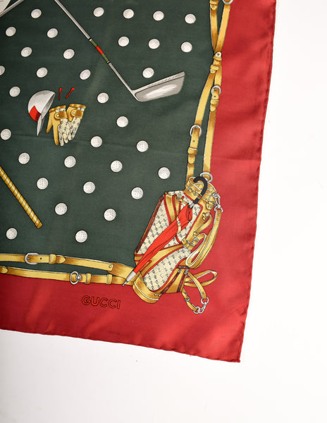 Gucci Vintage Golf Theme Red Green Gold Silk Scarf