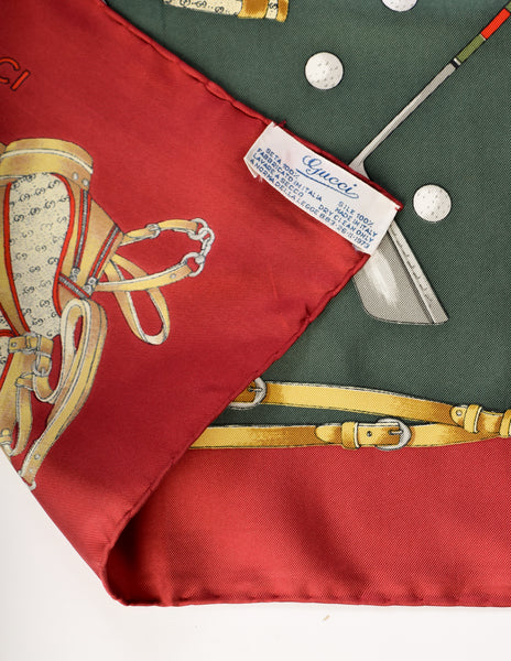 Gucci Vintage Golf Theme Red Green Gold Silk Scarf