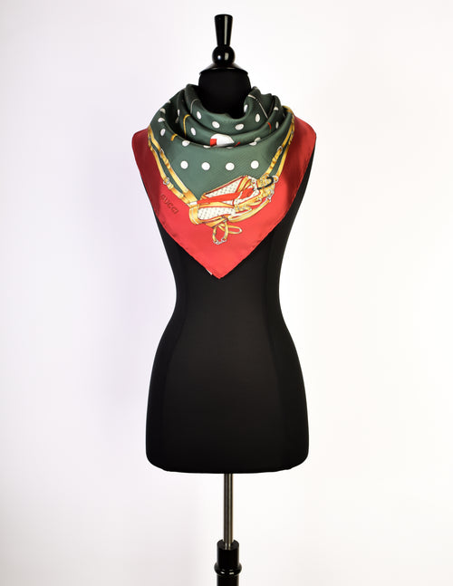 Gucci Vintage Golf Theme Red Green Gold Silk Scarf – Amarcord