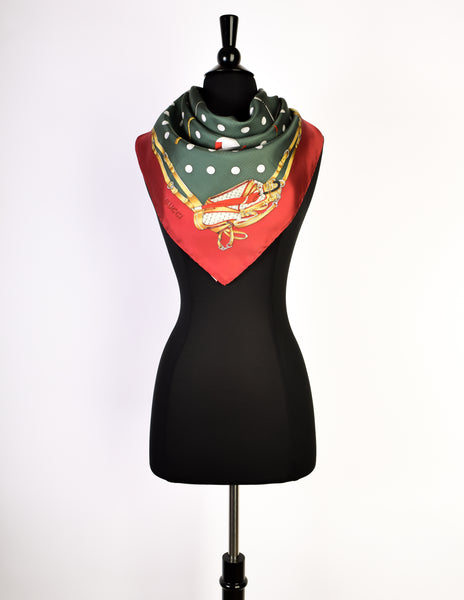 Gucci Vintage Golf Theme Red Green Gold Silk Scarf