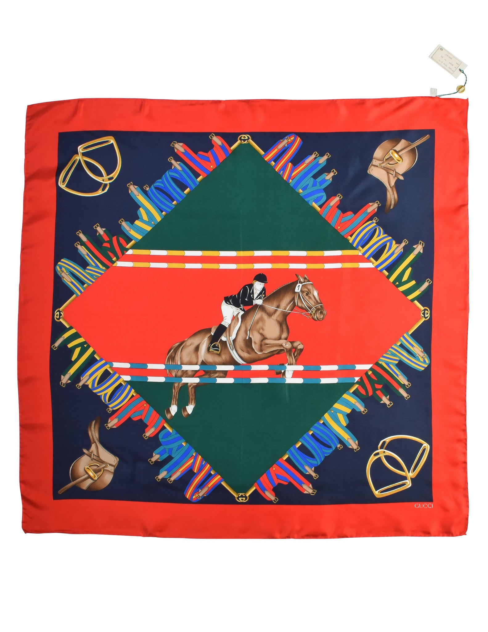 Gucci Vintage Horse Equestrian Theme Red Green Multicolor Silk Scarf