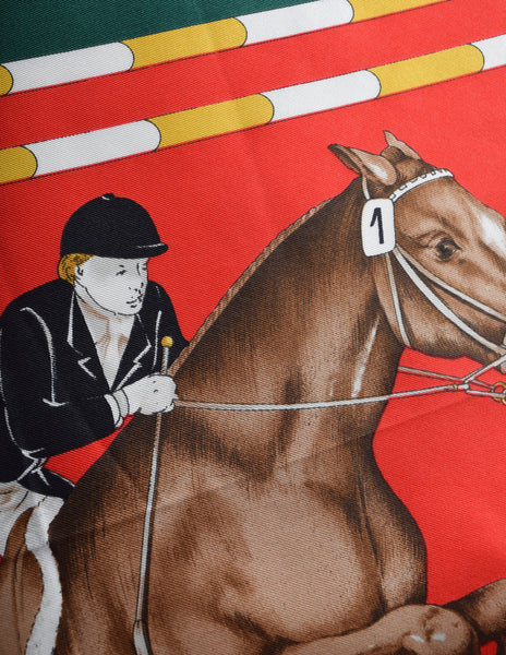 Gucci Vintage Horse Equestrian Theme Red Green Multicolor Silk Scarf