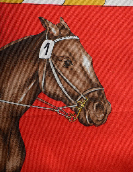Gucci Vintage Horse Equestrian Theme Red Green Multicolor Silk Scarf