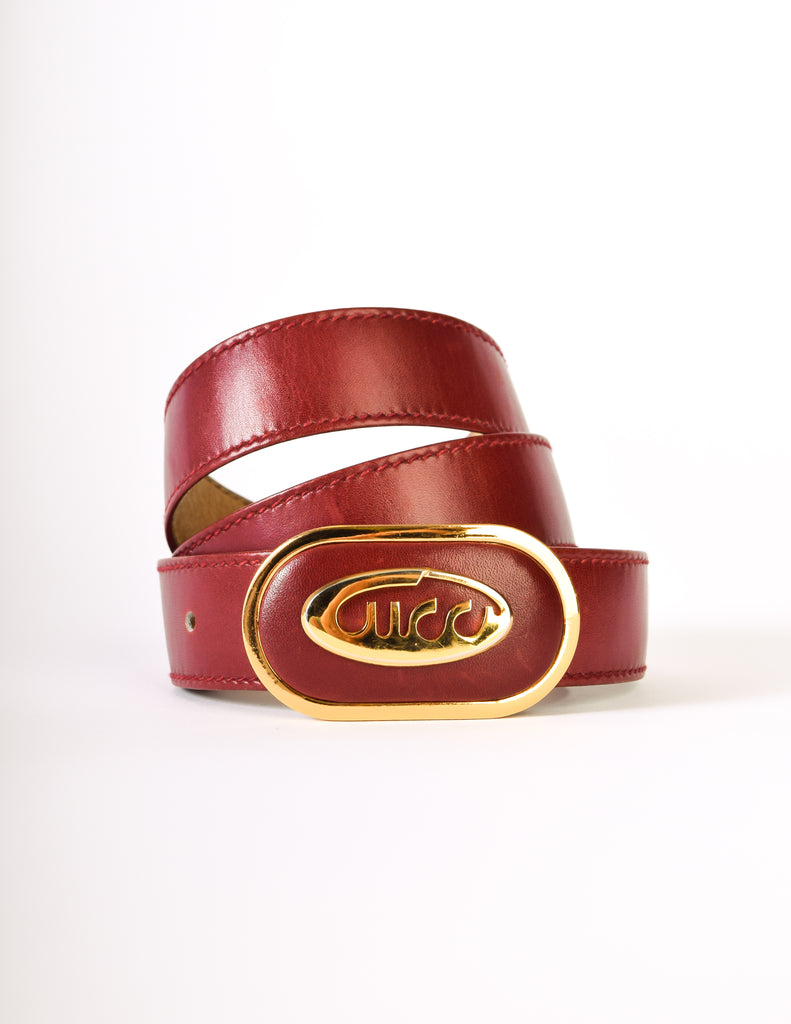 Gucci Gold and Burgundy Red Leather Belt Amarcord Vintage Fashion