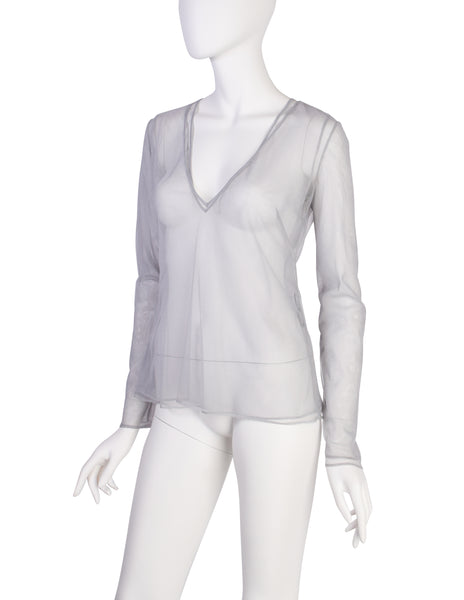 Gucci Vintage AW 1998 Tom Ford Era Powder Blue Layered Net Mesh V Neck Top