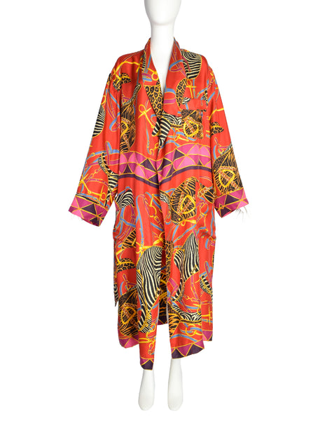 Gucci Vintage Tom Ford Era Red Multicolor Saddle Animal Print Silk Robe