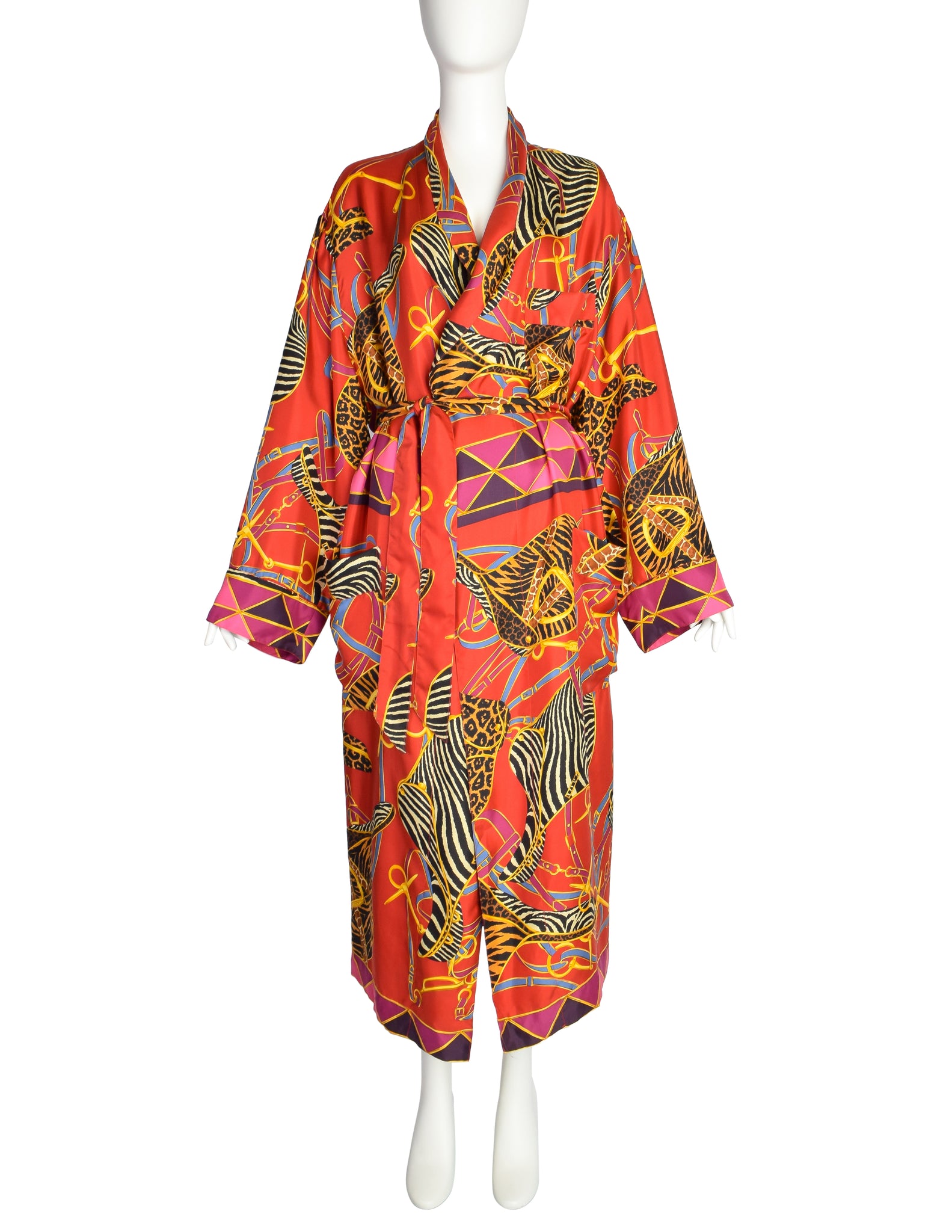 Gucci Vintage Tom Ford Era Red Multicolor Saddle Animal Print Silk Robe