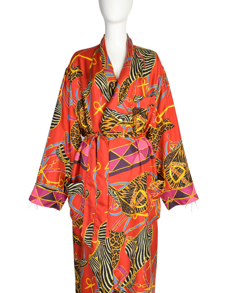 Gucci Vintage Tom Ford Era Red Multicolor Saddle Animal Print Silk Robe