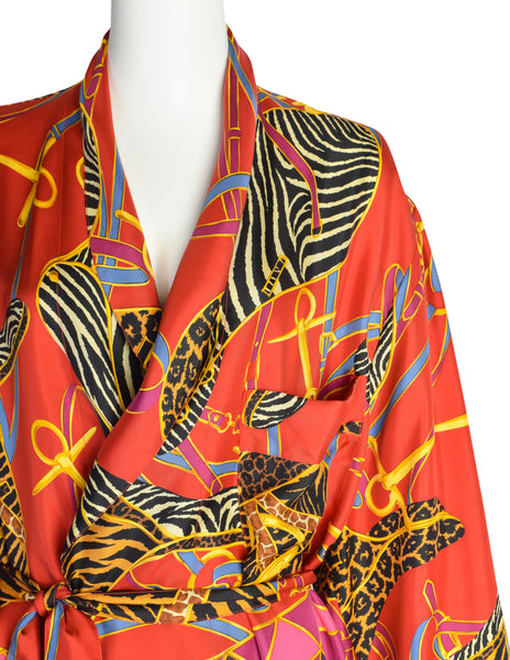 Gucci Vintage Tom Ford Era Red Multicolor Saddle Animal Print Silk Robe