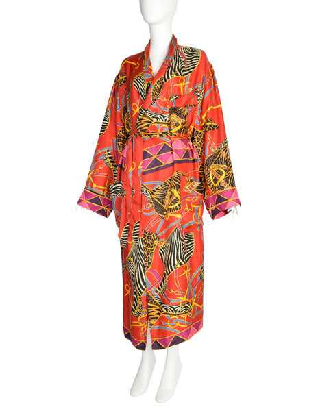 Gucci Vintage Tom Ford Era Red Multicolor Saddle Animal Print Silk Robe