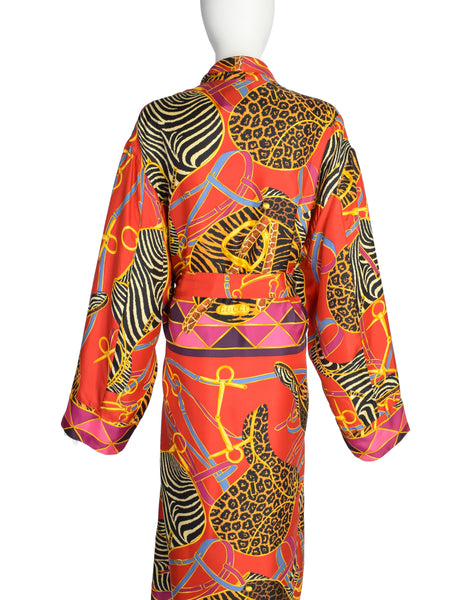 Gucci Vintage Tom Ford Era Red Multicolor Saddle Animal Print Silk Robe