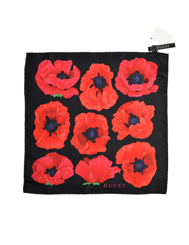 Gucci Vintage Red Poppy Floral Print Black Silk Small Scarf
