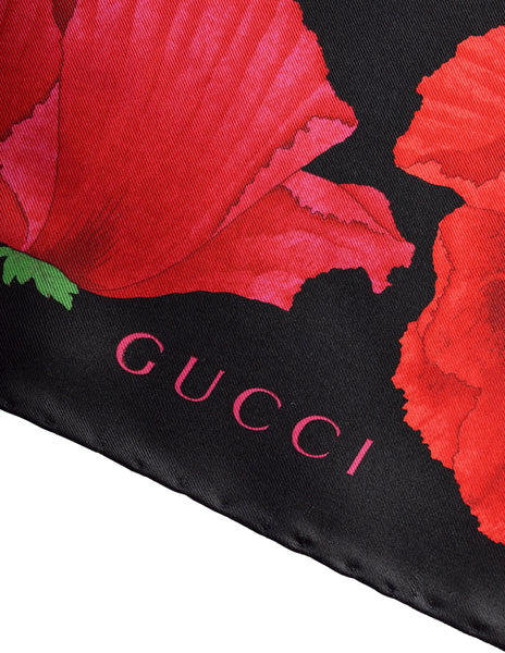 Gucci Vintage Red Poppy Floral Print Black Silk Small Scarf