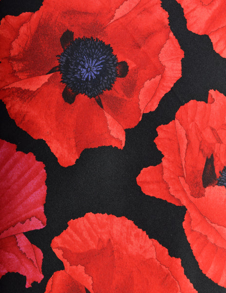 Gucci Vintage Red Poppy Floral Print Black Silk Small Scarf