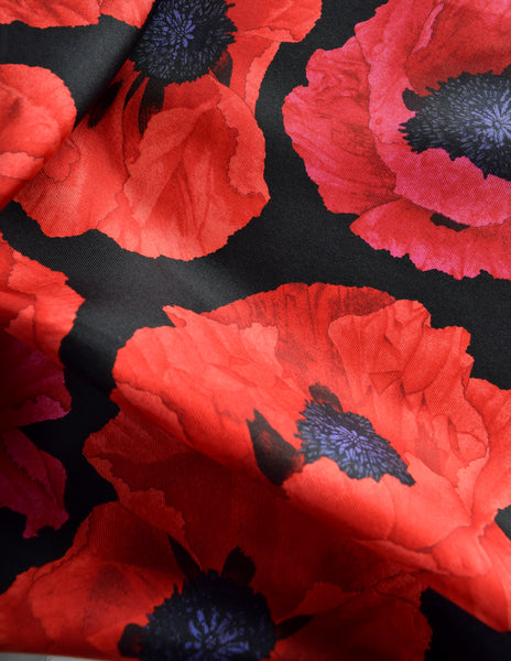 Gucci Vintage Red Poppy Floral Print Black Silk Small Scarf