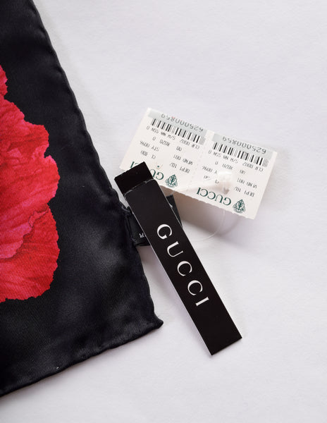Gucci Vintage Red Poppy Floral Print Black Silk Small Scarf