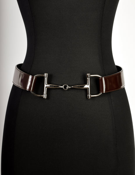 Gucci Vintage Tom Ford Era Reddish Brown Patent Leather Silver Horsebit Belt