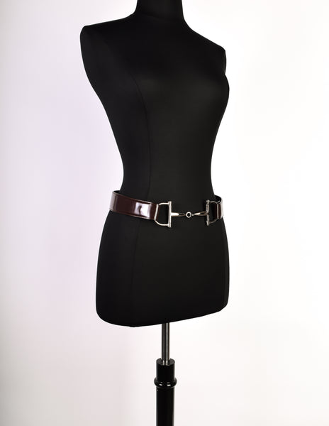 Gucci Vintage Tom Ford Era Reddish Brown Patent Leather Silver Horsebit Belt