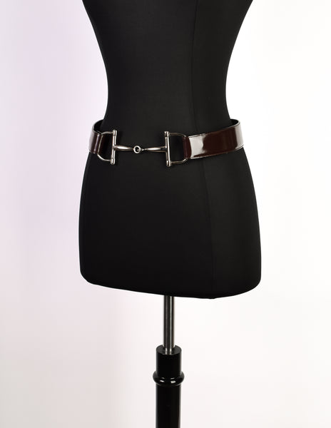 Gucci Vintage Tom Ford Era Reddish Brown Patent Leather Silver Horsebit Belt