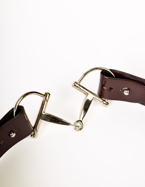 Gucci Vintage Tom Ford Era Reddish Brown Patent Leather Silver Horsebit Belt