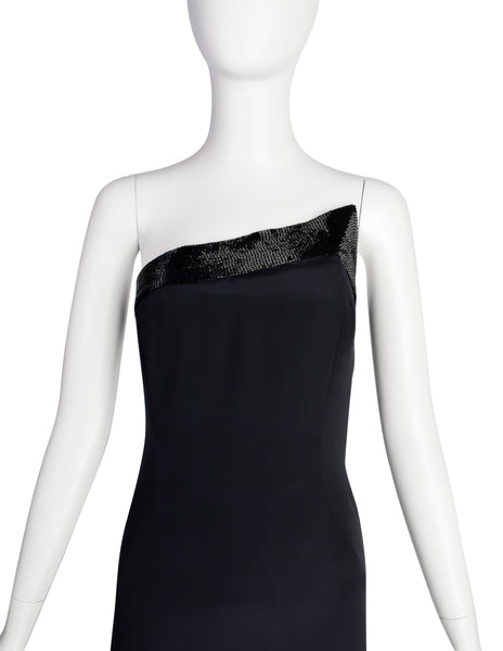 Gucci Vintage 1990s Black Silk Asymmetric Beaded Mini Dress