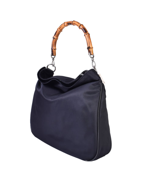 Gucci Vintage Large Navy Blue Nylon Patent Leather Bamboo Handle Shoulder Bag