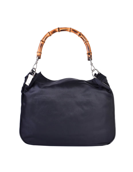 Gucci Vintage Large Navy Blue Nylon Patent Leather Bamboo Handle Shoulder Bag