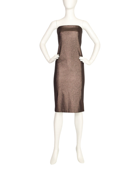 Gucci Vintage 1997 Tom Ford Era Bronze Metallic Lurex Strapless Tube Dress